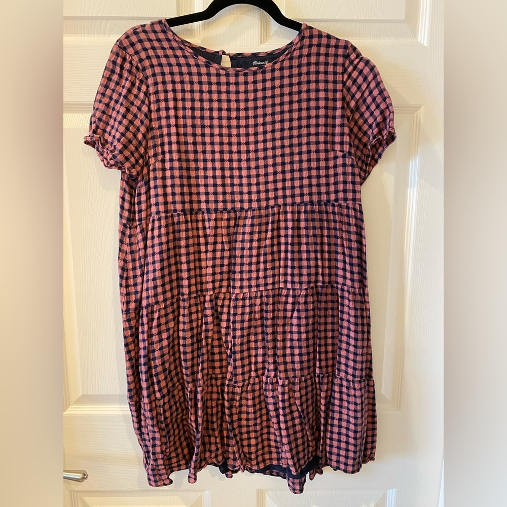 Madewell Pink and navy Gingham Tiered Short Sleeve Dress